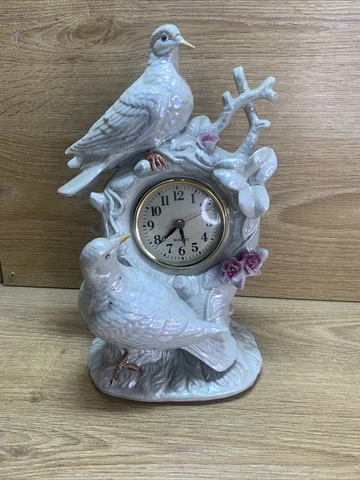 ELEGANT VINTAGE ELECO CLOCK WHITE IRIDESCENT CERAMIC BIRDS DOVES PINK ROSES Cover