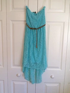 NWT Light Blue Strapless Smocked Hi Low Hem Lace Dress with Braided Belt XS - Picture 1 of 3