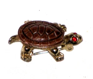 Turtle Brooch Pin Gold Plated Womens Red Eyes Faux Ruby Gem Vintage Brown Shell - Picture 1 of 24