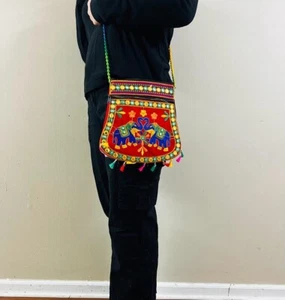 Handmade Silk Crossbody Bag with Neck Strap Zipper Embroidered With Elephant - Picture 1 of 2