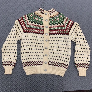 CARDIGAN WOOL SWEATER 9-Buttoned Beige Red & Green Fair Isle All-over Sz M - Picture 1 of 13