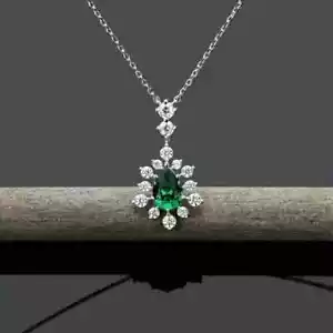 2Ct Pear Cut Lab Created Green Emerald Halo Pendant 14K White Gold Plated - Picture 1 of 4