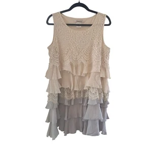 Paisley Ranken Rüschen Kleid Spitze ärmellos Lagenlook Mini beige/grau Fee Gr. M - Bild 1 von 7