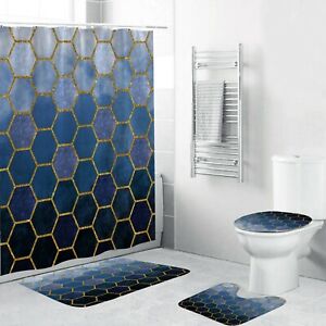 Geometric Shower Curtain Bathroom Rug Thick Bath Mat Non-Slip Toilet Lid Cover