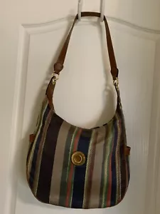 Capesio Purse Blue Linen Embroidery Striped Shoulder Hobo Bag Gold Faux Leather - Picture 1 of 14