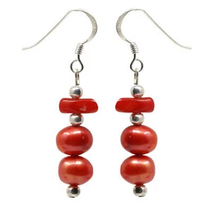 Paio Orecchini Pendenti Bamboo-Koralle Perle Acqua Dolce Rosso 925 Argento Donna - Foto 1 di 4