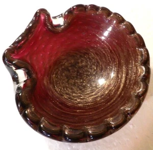 Murano Amythest Candy Dish Ashtray Bullicante Swirl Scalloped Rim Gold Flecks - Picture 1 of 9