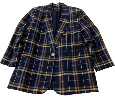 Blazer de mujer Requirements mezcla de lino talla 10P azul tostado a cuadros forrado con un solo botón Foto 1 de 4