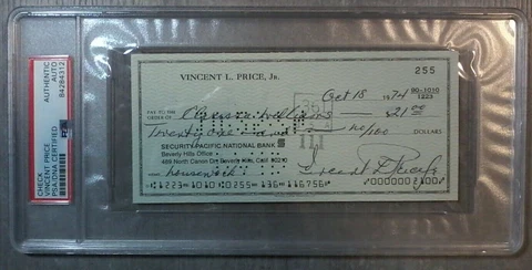 1974 VINCENT PRICE PSA/DNA CERTIFIED AUTHENTIC CHECK AUTO SIGNED HORROR  BATMAN Cover