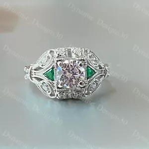 Anillo de compromiso Art Deco vintage de plata 925 con diamantes y esmeraldas creados en laboratorio de 2,85 quilates - Imagen 1 de 21