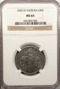 Vatican  Lira 1942 IV  NGC MS 65 UNC Stainless Steel  High Grade Pope Pius XII - Picture 1 of 4