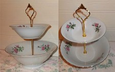 2 TIER TRINKET PASTRY CAKE PLATE STAND DISPLAY WHITE PINK ROSE