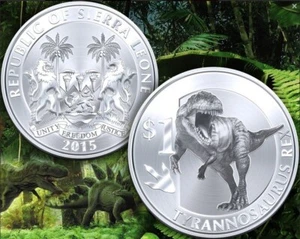Moneda de 1 dólar 2015 UNC Tyrannosaurus Rex dinosaurio chapada en plata - Imagen 1 de 4