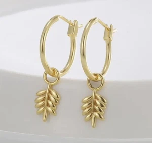 Anthropologie Hoop Earrings Leaf Charm  Gold Plated Dangle Drop Stainless Steel - Picture 1 of 7