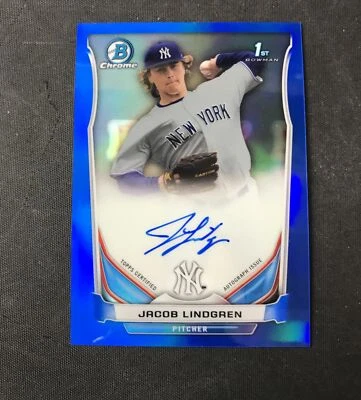 2014 Bowman Draft #BCA-JL Jacob Lindgren Yankees Blue Refactor RC AUTO /150 - Image 1 of 2