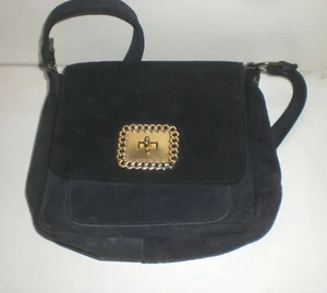 Vintage 1970s Women Purse Baguette Shoulder Bag Suede Navy Blue Twist Turn Lock - Picture 1 of 9