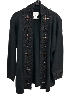 Black Open Front Cardigan Sweater Decorative Buttons Lace Trim Cervelle Sz Mediu - Image 1 of 4