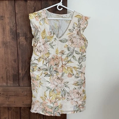 Nicole Miller 100% Linen Dress Size XL Botanical Floral Print Summer Mini Beige - Image 1 of 4
