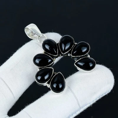 Onice Nera Gemma Ciondolo 925 Argento Sterling Fatto a Mano Gioielli Per Amore - Immagine 1 di 4