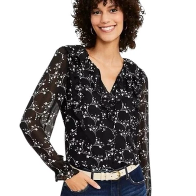 Whimsigoth Black White Blouse Size Large Petite Heart Print Top Chiffon Poet EUC - Image 1 of 4