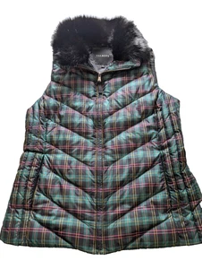 Chaleco acolchado Talbots a cuadros verde rosa extraíble cuello de piel sintética para mujer mediano - Imagen 1 de 6