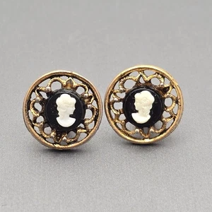 Victorian Revival Black & White Cameo Stud Earrings Gold Tone Filigree Design - Picture 1 of 6