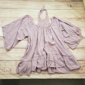 Free People Halter Top Womens Medium Pink Boho Bohemian Tunic Lace Shirt Ladies - Picture 1 of 9