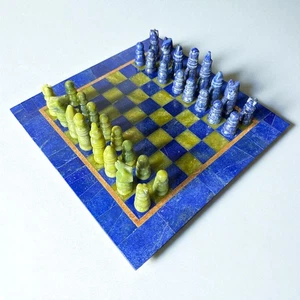 Handmade Lapis Lazuli & Jade Chess Set, Luxury Stone Chessboard Gift, Unique Art - Picture 1 of 6