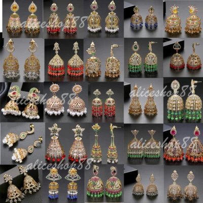 Pendientes colgantes Jhumka Jhumki enchapados en oro de Bollywood para mujer india Foto 1 de 4