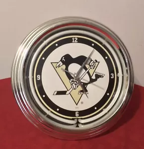 Pittsburgh Penguins NHL Hockey Cromado Doble Escalón Reloj de Neón Garaje ManCave LEER - Imagen 1 de 7