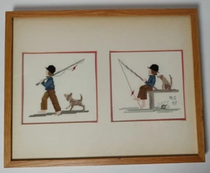 Vintage Double Amish Boy Picture Completed Framed Counted Cross Stitch - Picture 1 of 8