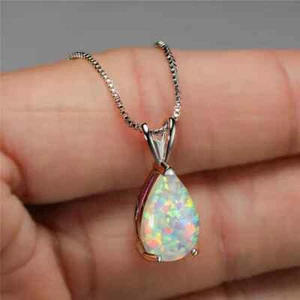 Rainbow Fire Opal Teardrop Pendant Delicate Silver Necklace Woman Healing Gift - Picture 1 of 4