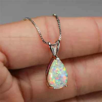 Rainbow Fire Opal Teardrop Pendant Delicate Silver Necklace Woman Healing Gift - Image 1 of 4