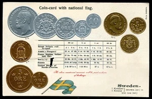 SCHWEDEN POSTKARTE 1910er Jahre geprägte vergoldete Münzen Flagge - Bild 1 von 2