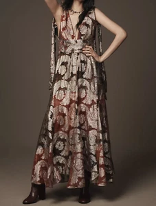 Farm Rio Sleeveless V-Neck Jacquard Lurex A-Line Maxi Dress L - Picture 1 of 3