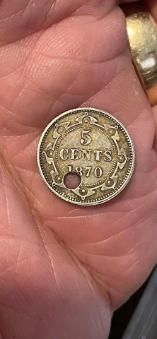 1870 Newfoundland Silver 5 Cent Coin - Nice Grade but HOLED Cover