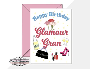Glamour Gran divertido feliz tarjeta de cumpleaños, chica glamurosa, tacones, lápiz labial, vino - Imagen 1 de 3