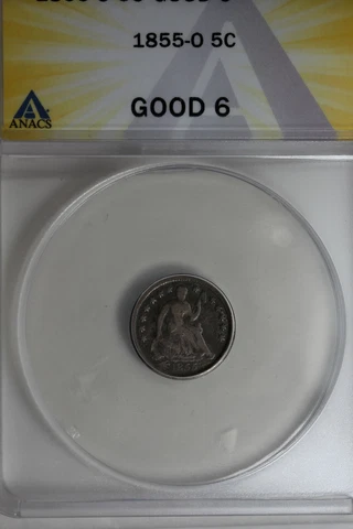 1855-O  .05    ANACS   G 6   Half Dime, Seated Liberty Half Dime Cover