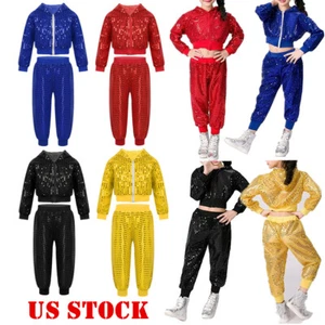 Niños Niñas Niños Lentejuelas Jazz Moderno Disfraz Chaqueta con Capucha Top con Pantalones Conjunto - Imagen 1 de 34