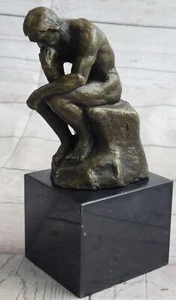 SIGNED BRONZE SCULPTURE NUDE MALE FRENCH RODIN THE THINKER ON MARBLE BASE STATUE - Picture 1 of 10