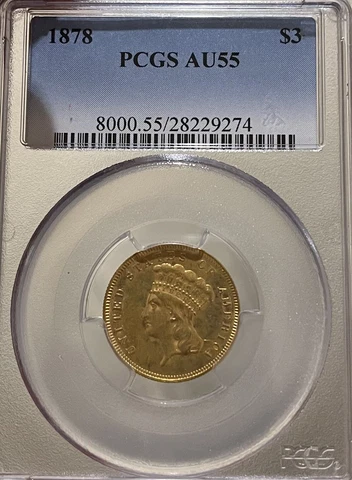 1878 PCGS AU55 $3 Three Dollar Gold Piece Cover