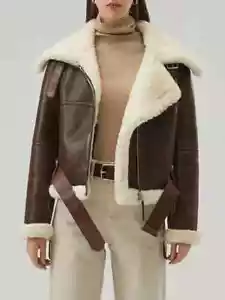 Women B3 RAF Bomber Brown Fur Shearling Real Sheep Leather Jacket Coat - Picture 1 of 7
