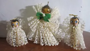 Set of 3 LACE and WOOD Hand Painted ANGEL Christmas Ornaments - Picture 1 of 5