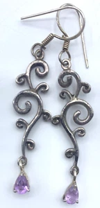 Sterling Silver Amethyst Swirl Dangle Drop Earrings Scroll - Picture 1 of 4