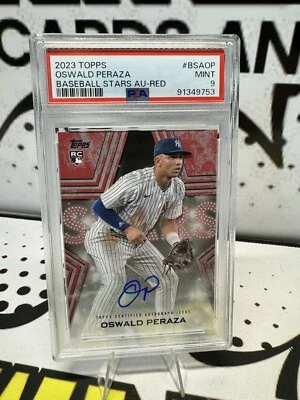 2023 Topps Series 2 OSWALD PERAZA /25 Red Autograph SP Rookie Yankees Psa 9 - Image 1 of 2