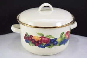 Lincoware Orchard Royale Enameled Pot with Lid Brass Rims Fruit Pattern - Picture 1 of 10