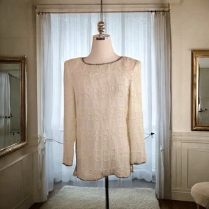 Vtg Papell Boutique Evening Silk Beaded Top Small Petite Ivory Silver Pearls - Picture 1 of 11