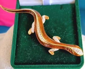 Vintage Attwood & Sawyer Gecko Eidechse Brosche Gold & Braun Emaille Strass A&S - Bild 1 von 8