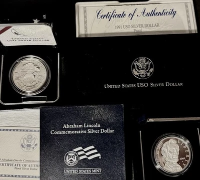 2009 Abe Lincoln & 1991 USO Silver Dollar Proof Pair 90% Pure Fine Silver Coins! - Image 1 of 4