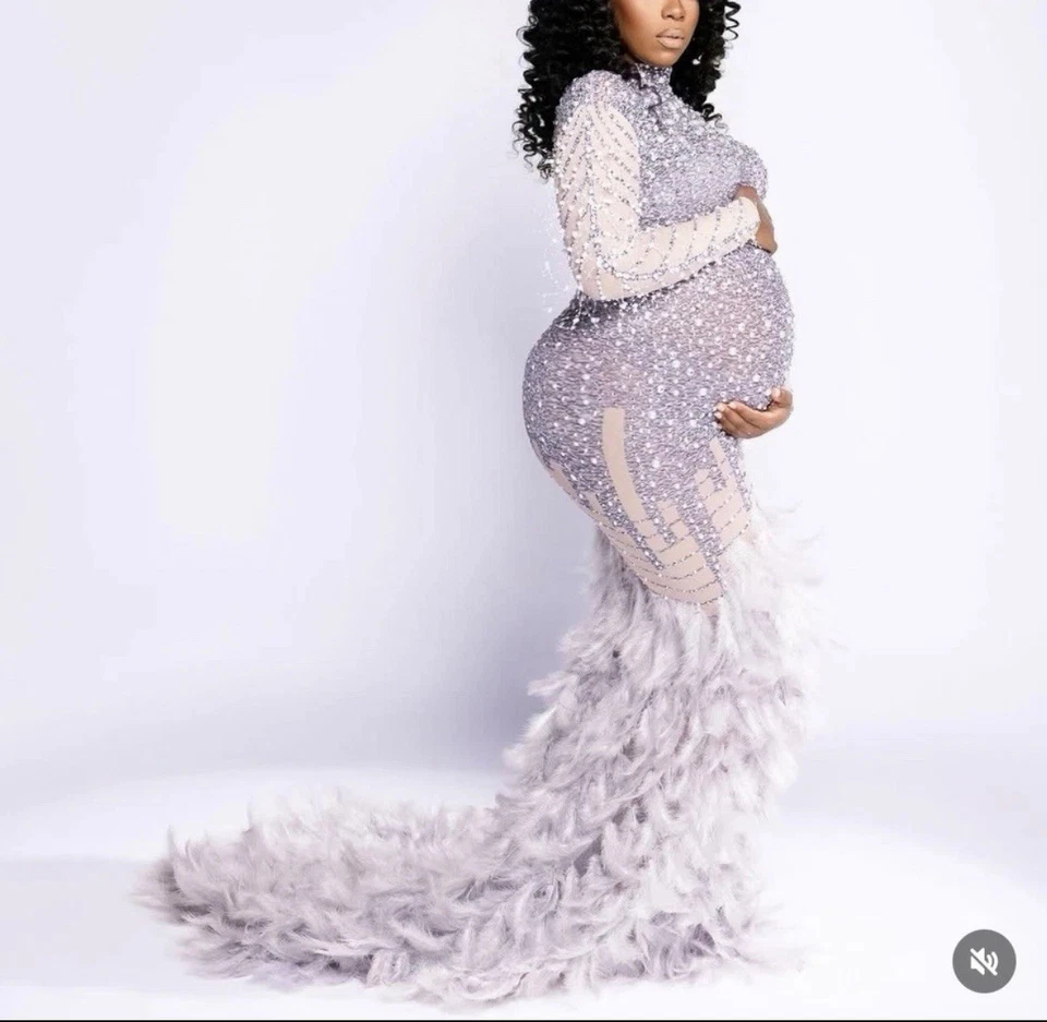 Silver Glitter Maternity Gown Mermaid Feather Long Sleeve Photo Shoot Dress (L) - Image 1 of 4